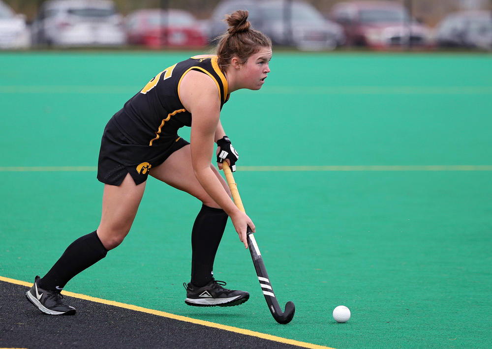 Iowa’s Meghan Conroy (5) looks to pass during the third quarter of their game at Grant Field in Iowa City on Saturday, Oct 26, 2019. (Stephen Mally/hawkeyesports.com)