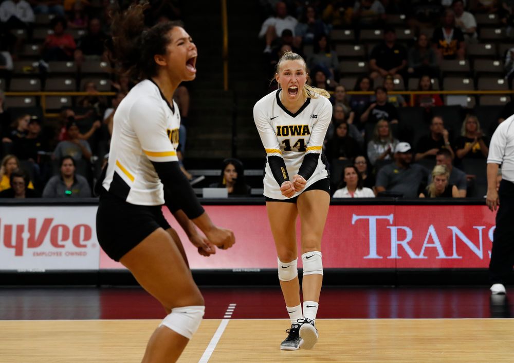 Iowa Hawkeyes outside hitter Cali Hoye (14) against the Michigan Wolverines Sunday, September 23, 2018 at Carver-Hawkeye Arena. (Brian Ray/hawkeyesports.com)