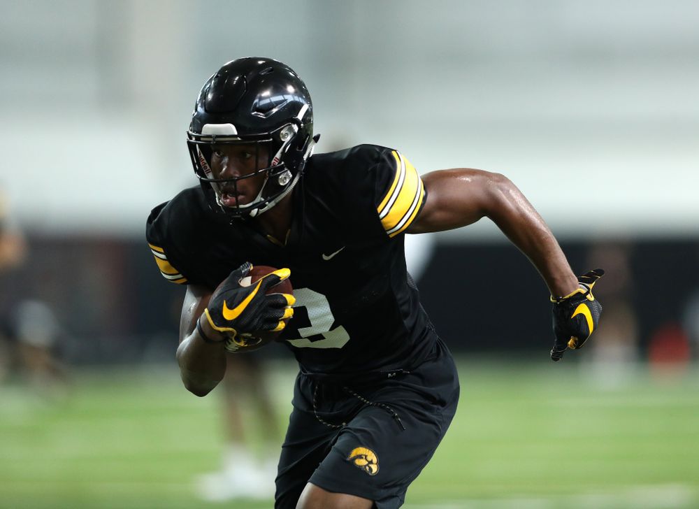 Iowa Hawkeyes wide receiver Tyrone Tracy Jr. (3) during Fall Camp Practice No. 16 Tuesday, August 20, 2019 at the Ronald D. and Margaret L. Kenyon Football Practice Facility. (Brian Ray/hawkeyesports.com)