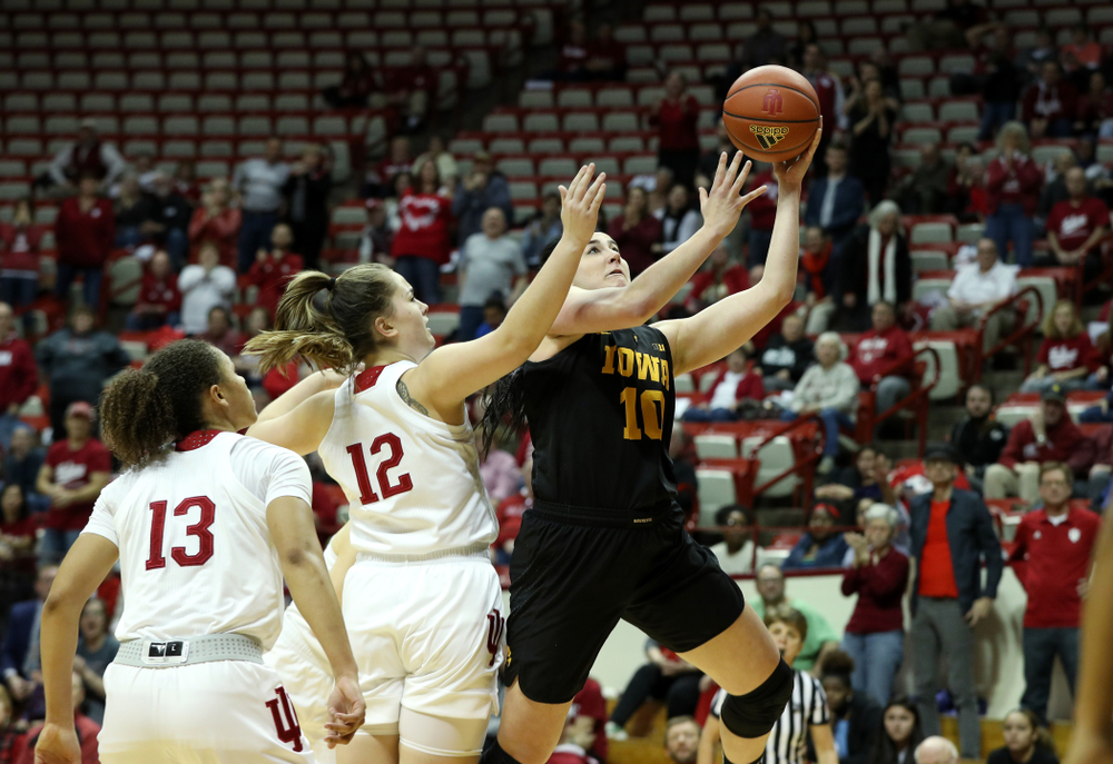 Iowa Hawkeyes forward Megan Gustafson (10) against the Indiana Hoosiers Thursday, February 21, 2019 at Simon Skjodt Assembly Hall. (Brian Ray/hawkeyesports.com)