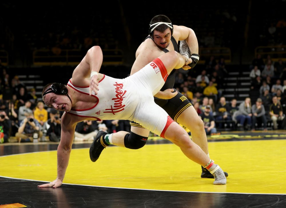 Iowa’s Tony Cassioppi wrestles Nebraska’s Christian Lance at heavyweight Saturday, January 18, 2020 at Carver-Hawkeye Arena. Cassioppi won the match 6-1. (Brian Ray/hawkeyesports.com)