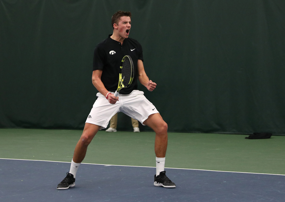 Joe Tyler against Utah Sunday, February 10, 2019 at the Hawkeye Tennis and Recreation Complex. (Brian Ray/hawkeyesports.com)