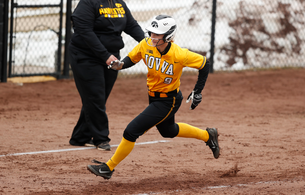 Iowa Hawkeyes infielder Sarah Kurtz (9) against UW Green Bay Tuesday, March 27, 2018 at Bob Pearl Field. (Brian Ray/hawkeyesports.com)