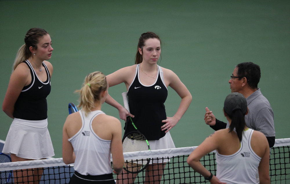 Iowa's Sophie Clark and Sam Mannix during a doubles match against North Texas Sunday, January 20, 2019 at the Hawkeye Tennis and Recreation Center. (Brian Ray/hawkeyesports.com)