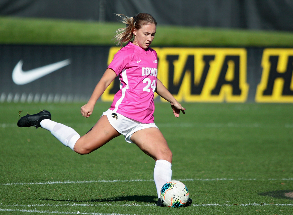 Iowa defender Sara Wheaton (24) passes the ball during the first overtime of their match at the Iowa Soccer Complex in Iowa City on Sunday, Oct 27, 2019. (Stephen Mally/hawkeyesports.com)