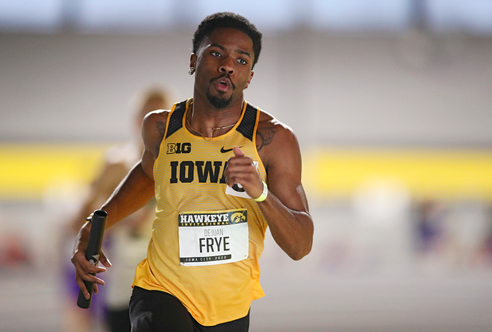 Iowa’s DeJuan Frye runs the men’s 1600 meter relay event during the Hawkeye Invitational at the Recreation Building in Iowa City on Saturday, January 11, 2020. (Stephen Mally/hawkeyesports.com)