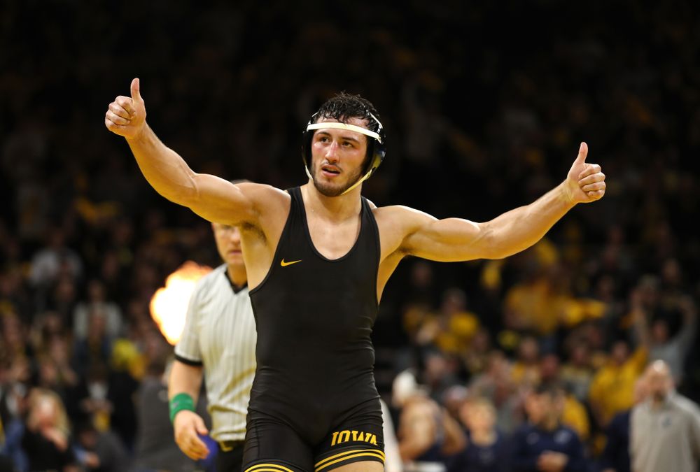 Iowa’s Michael Kemerer wrestles Penn State’s Mark Hall at 174 pounds Friday, January 31, 2020 at Carver-Hawkeye Arena. Kemerer won the match 11-6. (Brian Ray/hawkeyesports.com)
