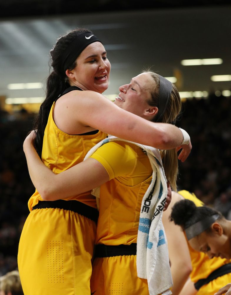 Iowa Hawkeyes forward Megan Gustafson (10) and guard Makenzie Meyer (3) against the Northwestern Wildcats Sunday, March 3, 2019 at Carver-Hawkeye Arena. (Brian Ray/hawkeyesports.com)