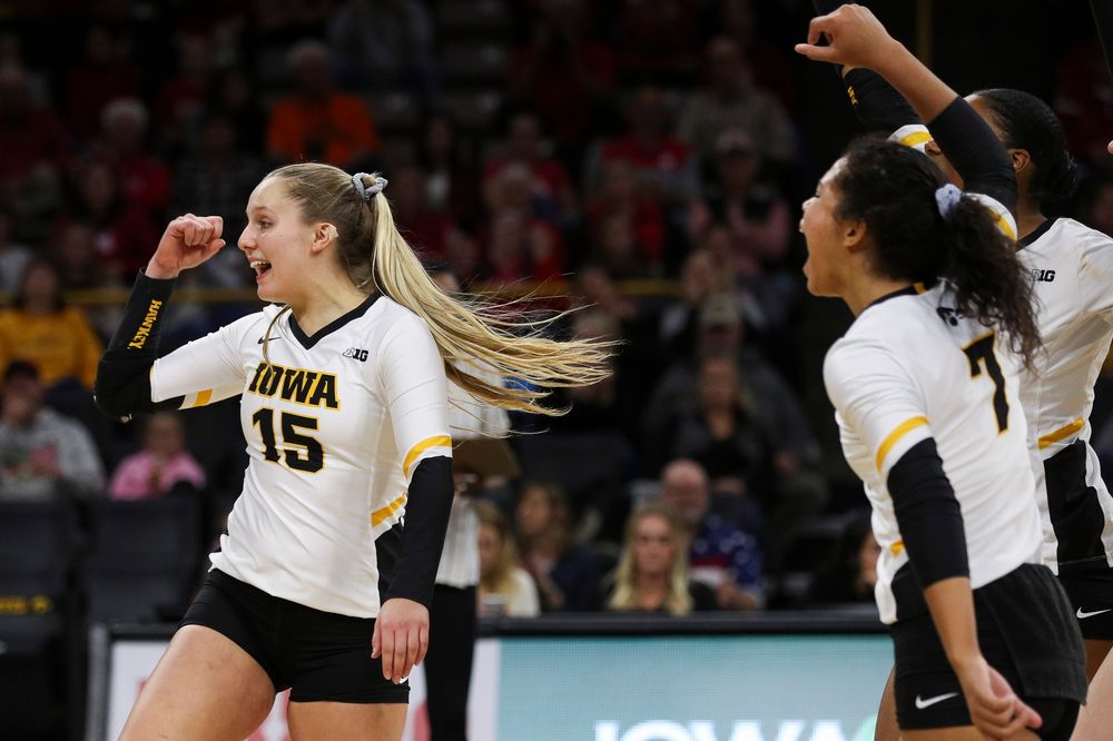 Iowa Hawkeyes defensive specialist Maddie Slagle (15) celebrates after winning a point during a match against Nebraska at Carver-Hawkeye Arena on November 7, 2018. (Tork Mason/hawkeyesports.com)
