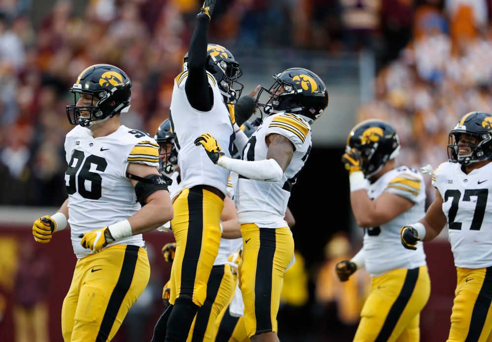 Iowa Hawkeyes defensive back Julius Brents (20) and defensive back Matt Hankins (8) against the Minnesota Golden Gophers Saturday, October 6, 2018 at TCF Bank Stadium. (Brian Ray/hawkeyesports.com)