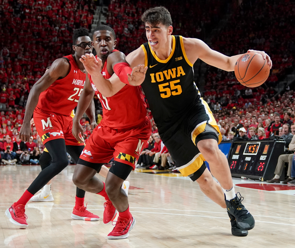 Iowa Hawkeyes center Luka Garza (55) drives with the ball during their game at the Xfinity Center in College Park, MD on Thursday, January 30, 2020. (University of Maryland Athletics)