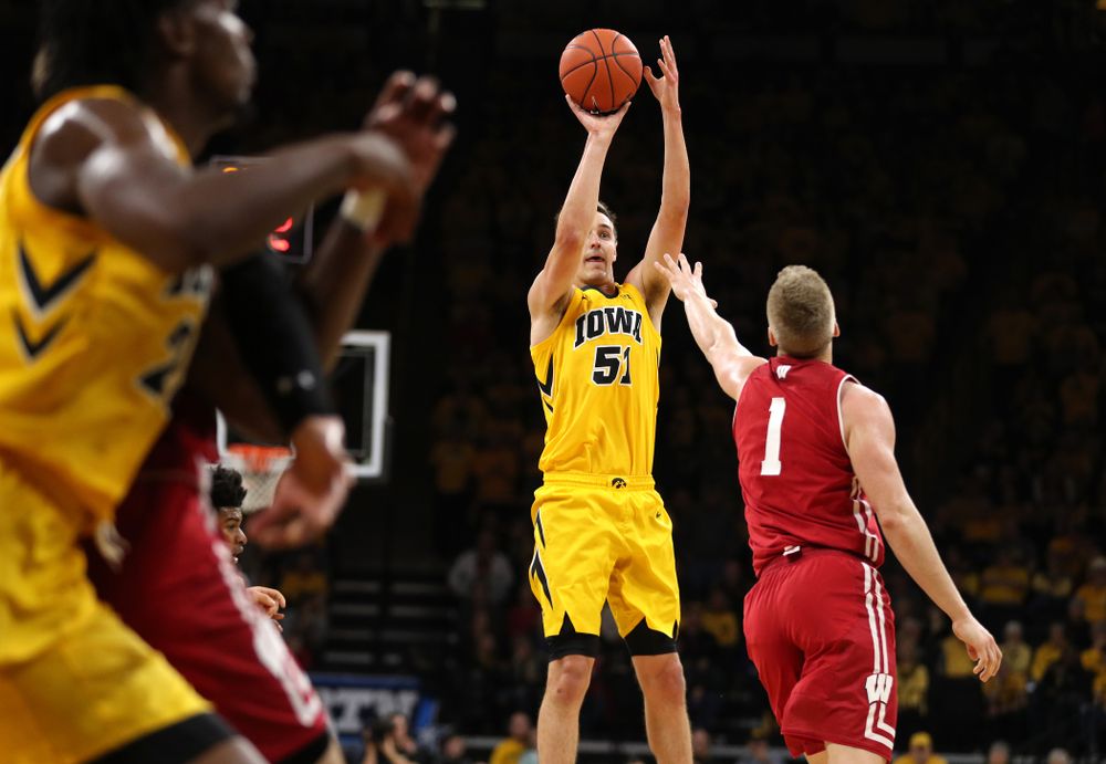 Iowa Hawkeyes forward Nicholas Baer (51) against the Wisconsin Badgers Friday, November 30, 2018 at Carver-Hawkeye Arena. (Brian Ray/hawkeyesports.com)