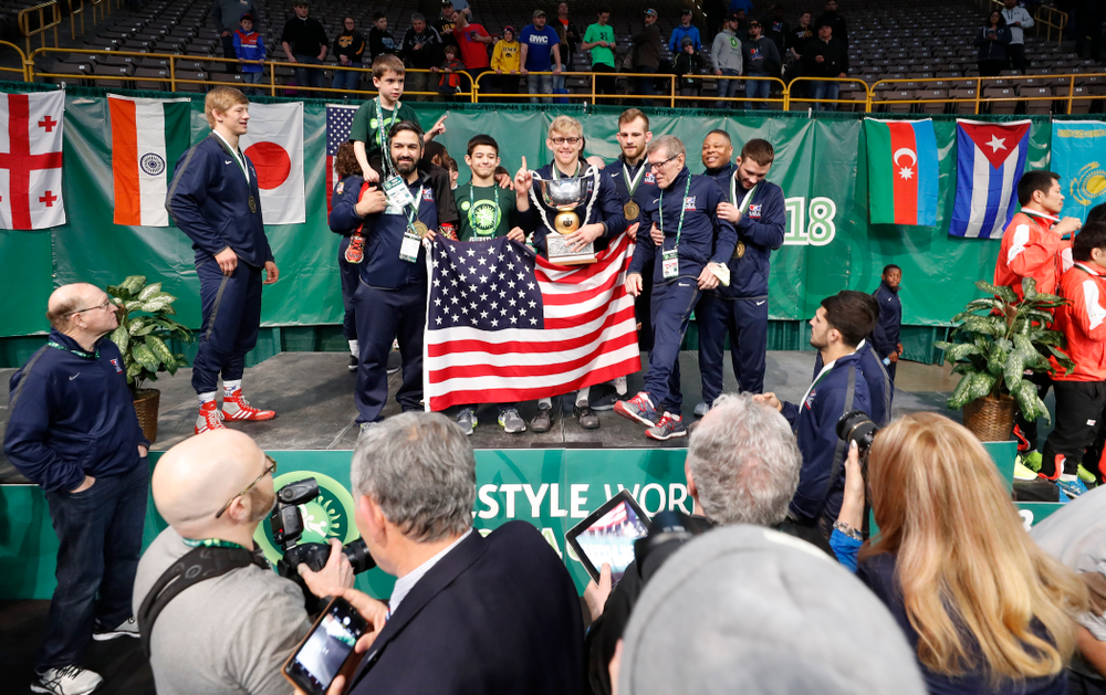 Team USA following the gold medal match of the United World Wrestling Freestyle World Cup against Azerbaijan Sunday, April 8, 2018 at Carver-Hawkeye Arena. (Brian Ray/hawkeyesports.com)