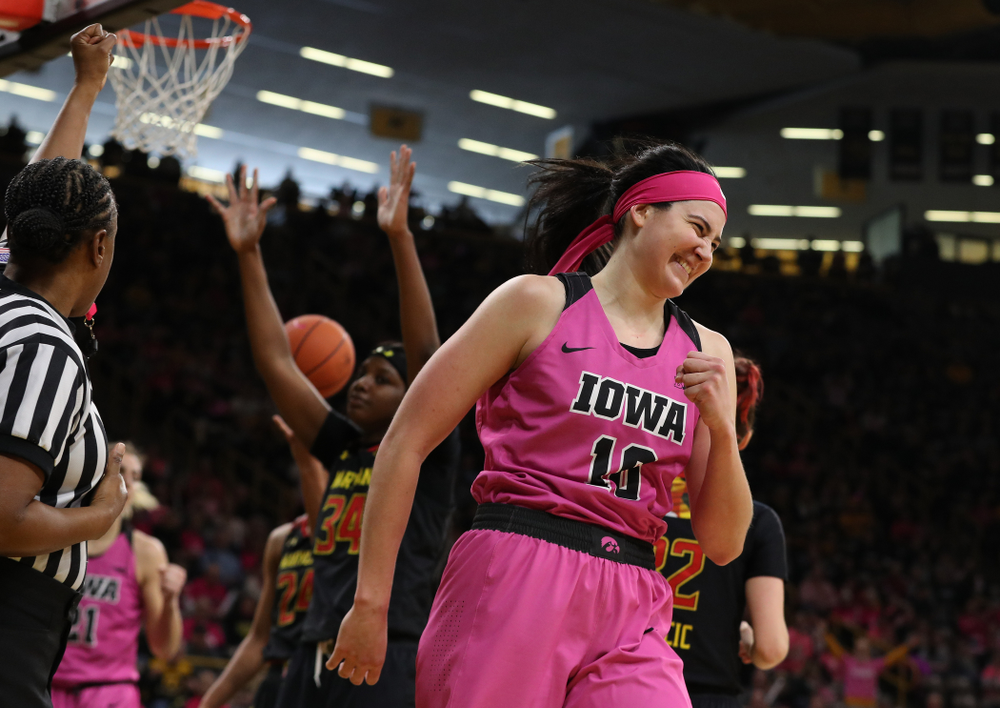 Iowa Hawkeyes forward Megan Gustafson (10) against the seventh ranked Maryland Terrapins Sunday, February 17, 2019 at Carver-Hawkeye Arena. (Brian Ray/hawkeyesports.com)