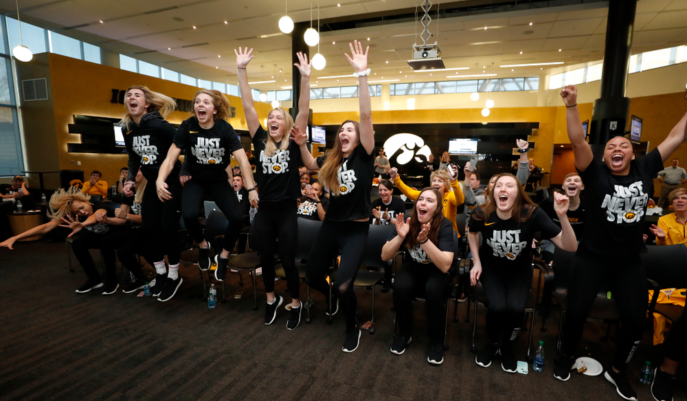 The Iowa Hawkeyes celebrate after finding out their seed in the 2018 NCAA Women's Basketball Tournament