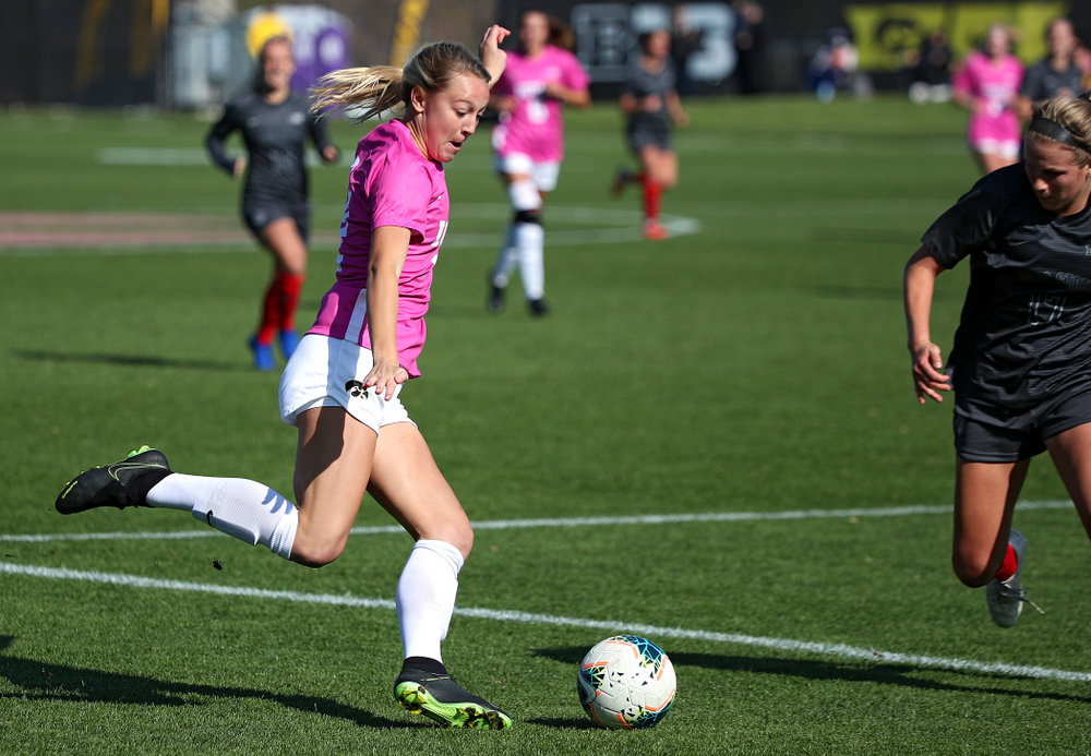 Iowa midfielder Hailey Rydberg (2) lines up a shot during the first half of their match at the Iowa Soccer Complex in Iowa City on Sunday, Oct 27, 2019. (Stephen Mally/hawkeyesports.com)