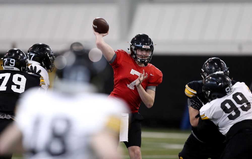 Iowa Hawkeyes quarterback Spencer Petras (7) during practice Wednesday, December 12, 2018 at the Hansen Football Performance Center in preparation for the Outback Bowl game against Mississippi State. (Brian Ray/hawkeyesports.com)