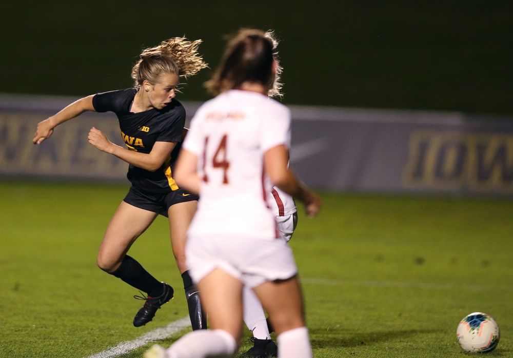 Iowa Hawkeyes forward Jenny Cape (19) scores during a 2-1 victory over the Iowa State Cyclones Thursday, August 29, 2019 in the Iowa Corn Cy-Hawk series at the Iowa Soccer Complex. (Brian Ray/hawkeyesports.com)