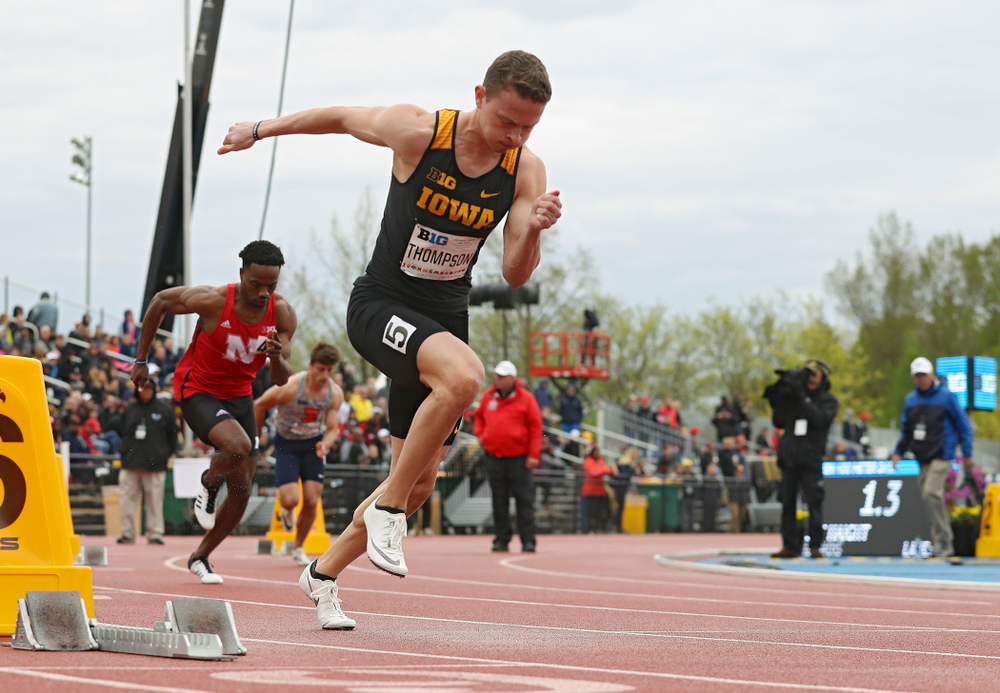 Iowa's Chris Thompson runs the men’s 400 meter dash event on the second day of the Big Ten Outdoor Track and Field Championships at Francis X. Cretzmeyer Track in Iowa City on Saturday, May. 11, 2019. (Stephen Mally/hawkeyesports.com)