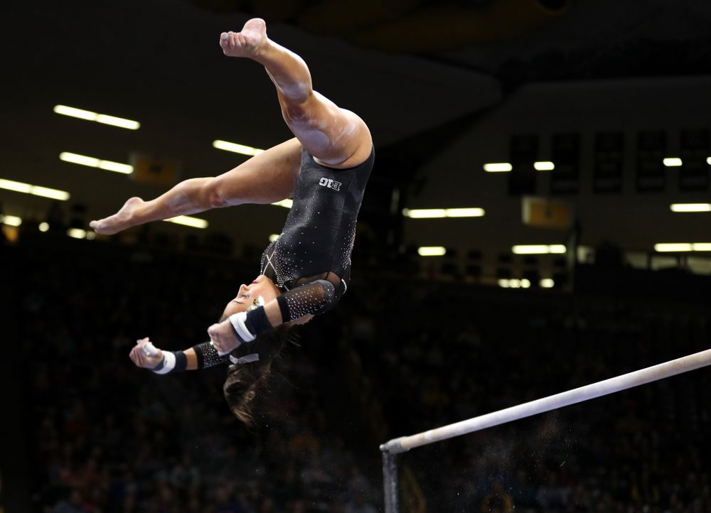 Iowa's Jax Kranitz competes on the bars against Illinois Saturday, February 16, 2019 at Carver-Hawkeye Arena. (Brian Ray/hawkeyesports.com)