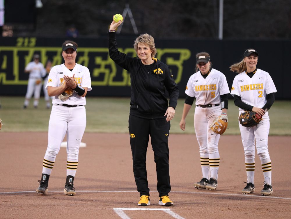 Iowa Women's Basketball Head Coach Lisa Bluder throws out a first pitch before the Iowa Hawkeyes game against Western Illinois Wednesday, March 27, 2019 at Pearl Field. (Brian Ray/hawkeyesports.com)