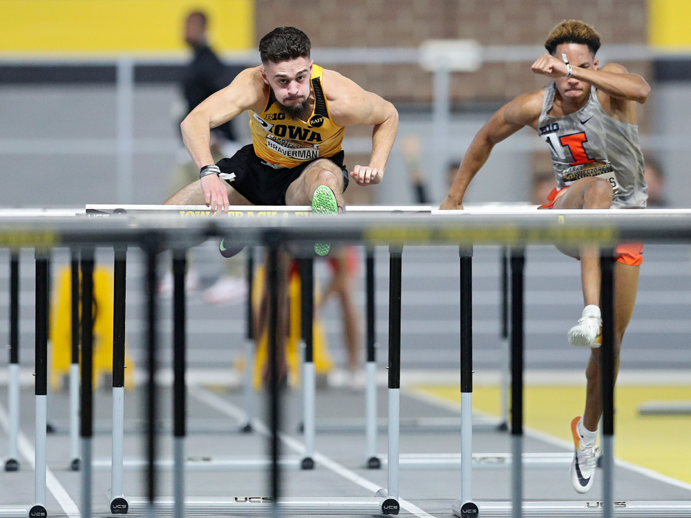 Iowa’s Josh Braverman runs the men’s 60 meter hurdles premier preliminary event during the Larry Wieczorek Invitational at the Recreation Building in Iowa City on Saturday, January 18, 2020. (Stephen Mally/hawkeyesports.com)