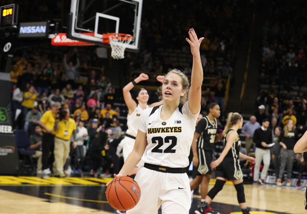 Iowa Hawkeyes guard Kathleen Doyle (22) celebrates their win against the Purdue Boilermakers Sunday, January 27, 2019 at Carver-Hawkeye Arena. (Brian Ray/hawkeyesports.com)