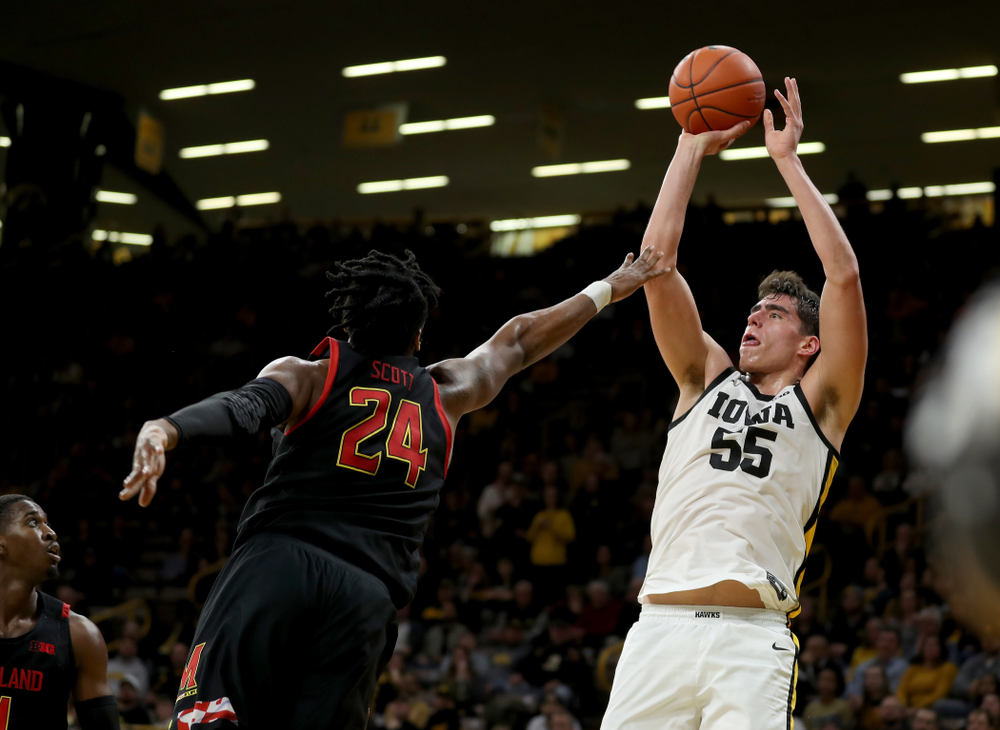 Iowa Hawkeyes forward Luka Garza (55) puts up a shot against the Maryland Terrapins Friday, January 10, 2020 at Carver-Hawkeye Arena. (Brian Ray/hawkeyesports.com)