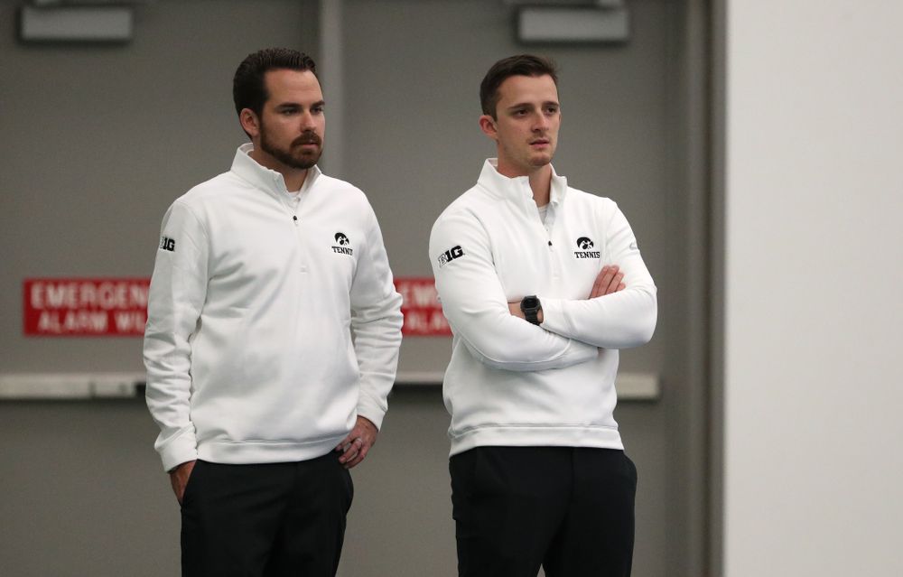 Iowa Hawkeyes head coach Ross Wilson and assistant coach Joey Manilla against the Butler Bulldogs Sunday, January 27, 2019 at the Hawkeye Tennis and Recreation Complex. (Brian Ray/hawkeyesports.com)