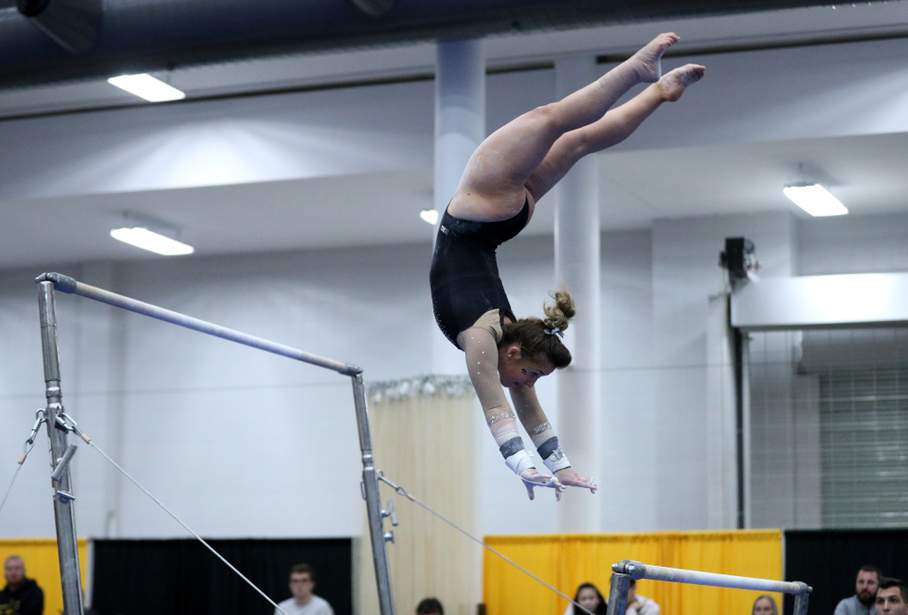 Madison Kampschroeder competes on the bars during the Black and Gold intrasquad meet Saturday, December 1, 2018 at the University of Iowa Field House. (Brian Ray/hawkeyesports.com)