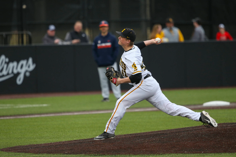 Iowa pitcher Trace Hoffman at game 1 vs Illinois on Friday, March 29, 2019 at Duane Banks Field. (Lily Smith/hawkeyesports.com)