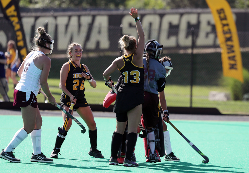 Iowa Hawkeyes forward Leah Zellner (13) and forward Maddy Murphy (26) celebrate a goal against Central Michigan Friday, September 6, 2019 at Grant Field. The Hawkeyes won the game 11-0. (Brian Ray/hawkeyesports.com)