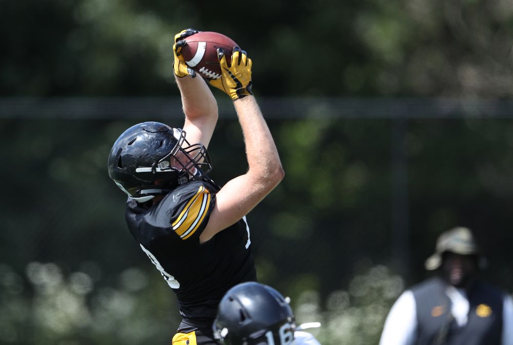 Iowa Hawkeyes tight end Drew Cook (18) during Fall Camp Practice No. 5 Tuesday, August 6, 2019 at the Ronald D. and Margaret L. Kenyon Football Practice Facility. (Brian Ray/hawkeyesports.com)