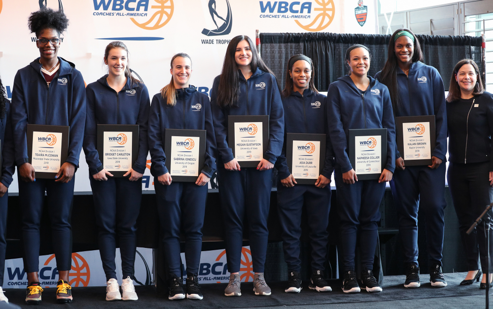 Iowa Hawkeyes forward Megan Gustafson (10) is announced as a WBCA All American Wednesday, April 4, 2018 at Amalie Arena in Tampa, FL. (Brian Ray/hawkeyesports.com)
