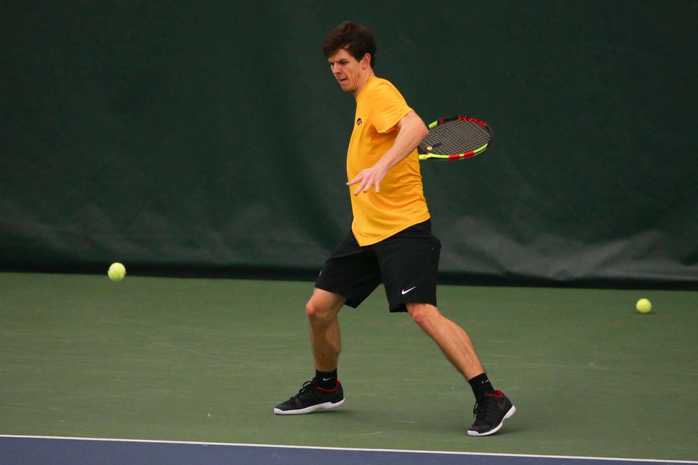 Iowa's Joe Tyler at a tennis match vs Drake Friday, March 8, 2019 at the Hawkeye Tennis and Recreation Complex. (Lily Smith/hawkeyesports.com)
