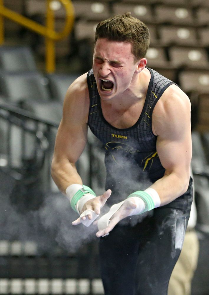Iowa's Jake Brodarzon competes in the rings against Ohio State at Caver-Hawkeye Arena in Iowa City on Saturday, Mar. 16, 2019. (Stephen Mally for HawkeyeSports.com)