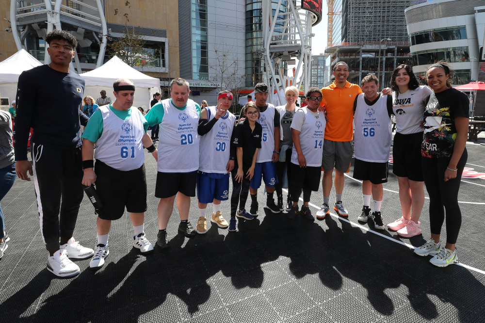 Iowa Hawkeyes forward Megan Gustafson (10) during a Special Olympics event Friday, April 12, 2019 as part of the ESPN College Basketball Awards in the XBOX Plaza at LA Live. (Brian Ray/hawkeyesports.com)