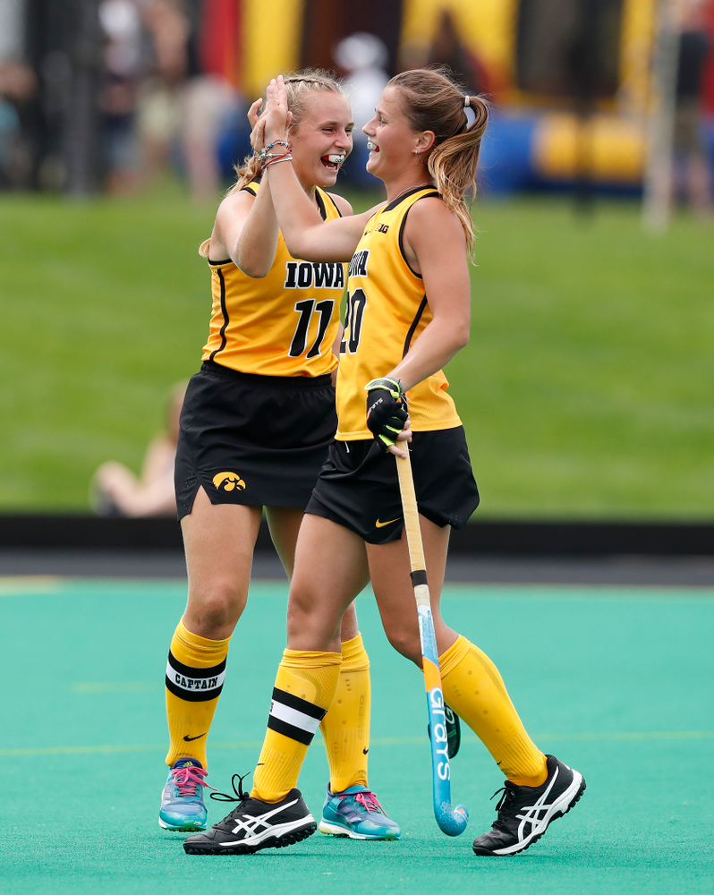 Iowa Hawkeyes Katie Birch (11) and Sophie Sunderland (20) against Ball State Sunday, September 2, 2018 at Grant Field. (Brian Ray/hawkeyesports.com)
