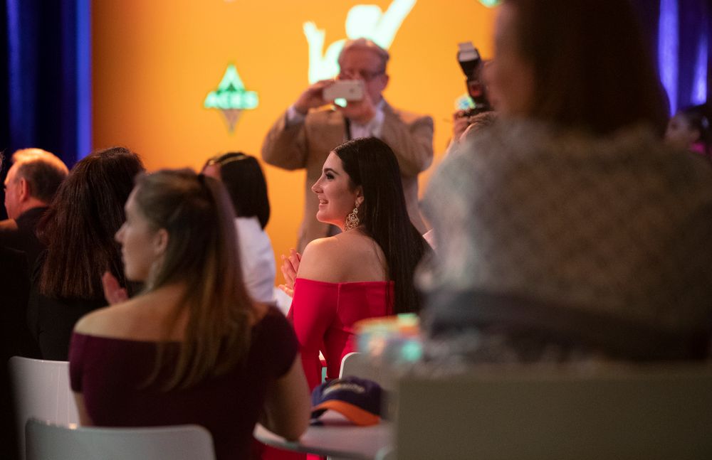 Iowa Hawkeyes forward Megan Gustafson (10) waits to be selected by the Dallas Wings in the second round of the 2019 WNBA Draft Wednesday, April 10, 2019 at Nike New York Headquarters in New York City. (Brian Ray/hawkeyesports.com)
