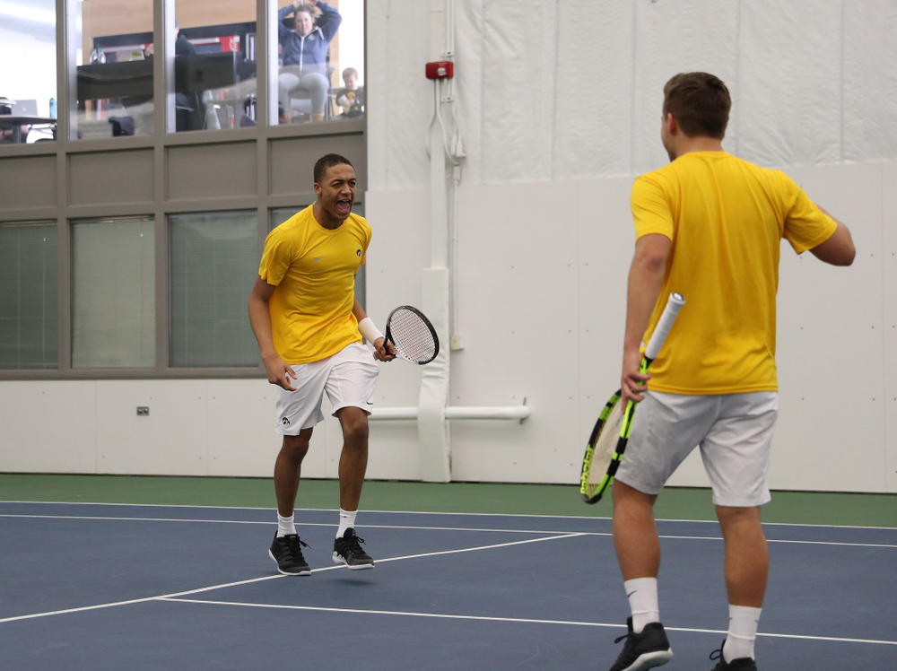 Oliver Okonkwo and Will Davies against Utah Sunday, February 10, 2019 at the Hawkeye Tennis and Recreation Complex. (Brian Ray/hawkeyesports.com)
