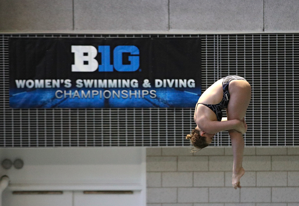 Iowa’s Claire Park competes in the women’s 3 meter diving preliminary event during the 2020 Women’s Big Ten Swimming and Diving Championships at the Campus Recreation and Wellness Center in Iowa City on Friday, February 21, 2020. (Stephen Mally/hawkeyesports.com)
