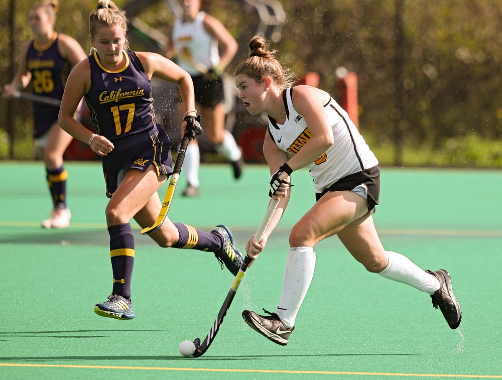Iowa’s Meghan Conroy (5) moves with the ball during the third quarter of their game at Grant Field in Iowa City on Friday, Sep 13, 2019. (Stephen Mally/hawkeyesports.com)