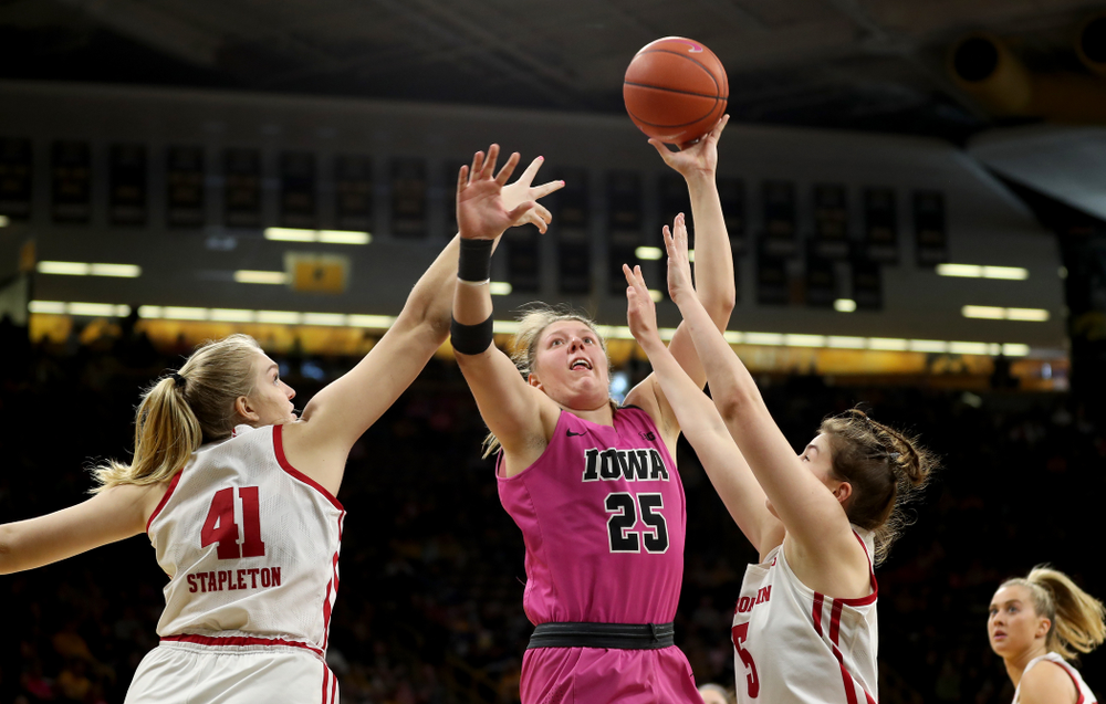 Iowa Hawkeyes forward/center Monika Czinano (25) goes to the hoop against the Wisconsin Badgers Sunday, February 16, 2020 at Carver-Hawkeye Arena. (Brian Ray/hawkeyesports.com)