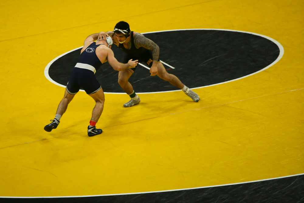 Iowa’s Pat Lugo wrestles Penn State’s Jarod Verkleeren during their 149 lbs match during the Iowa wrestling dual vs Penn State on Friday, January 31, 2020 at Carver-Hawkeye Arena. (Lily Smith/hawkeyesports.com)