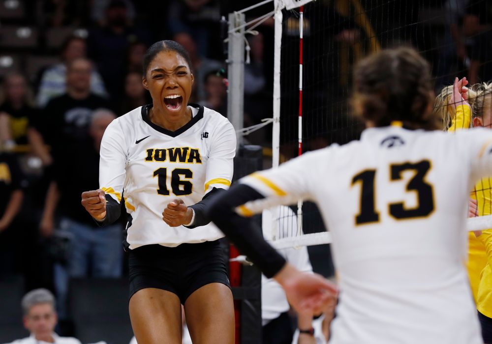 Iowa Hawkeyes outside hitter Taylor Louis (16) against the Michigan Wolverines Sunday, September 23, 2018 at Carver-Hawkeye Arena. (Brian Ray/hawkeyesports.com)