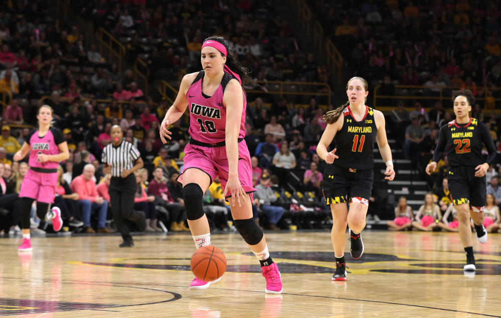 Iowa Hawkeyes forward Megan Gustafson (10) against the seventh ranked Maryland Terrapins Sunday, February 17, 2019 at Carver-Hawkeye Arena. (Brian Ray/hawkeyesports.com)