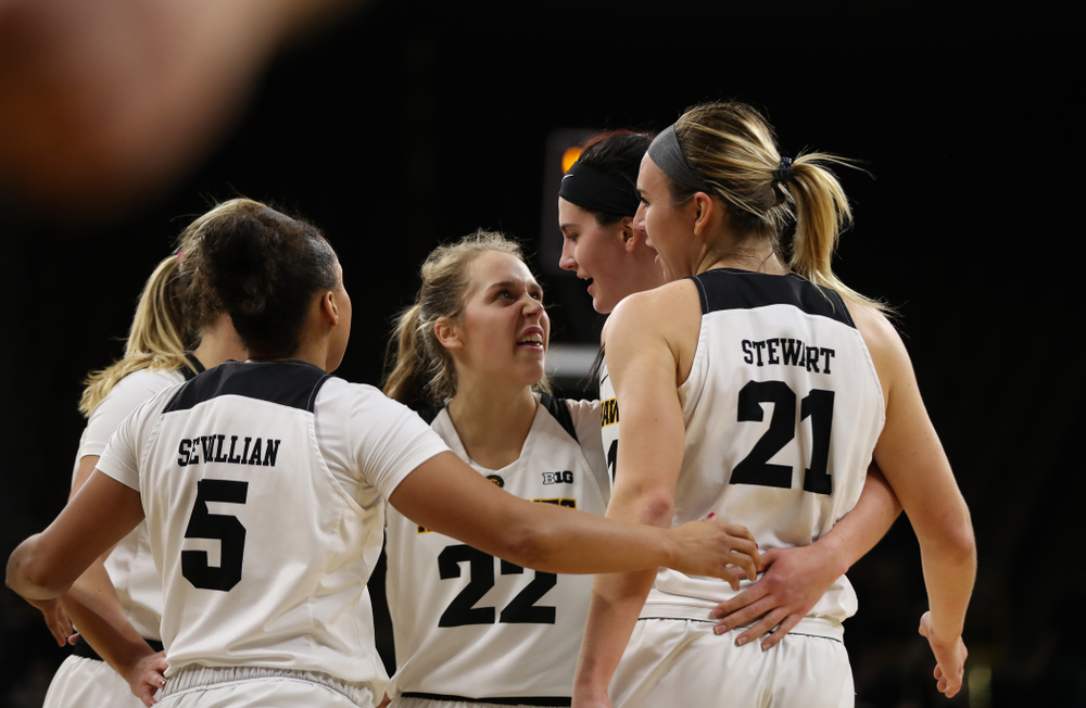 Iowa Hawkeyes forward Megan Gustafson (10), guard Kathleen Doyle (22), forward Hannah Stewart (21), guard Alexis Sevillian (5), and Makenzie Meyer against the Nebraska Cornhuskers Thursday, January 3, 2019 at Carver-Hawkeye Arena. (Brian Ray/hawkeyesports.com)