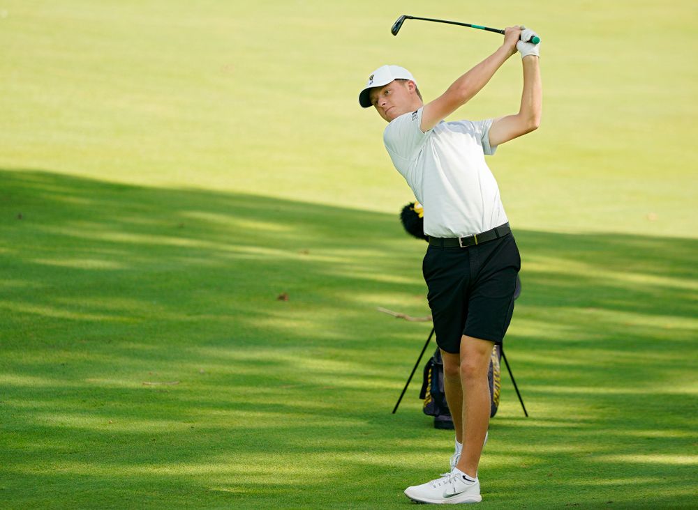 Iowa’s Benton Weinberg hits from the fairway during the second day of the Golfweek Conference Challenge at the Cedar Rapids Country Club in Cedar Rapids on Monday, Sep 16, 2019. (Stephen Mally/hawkeyesports.com)