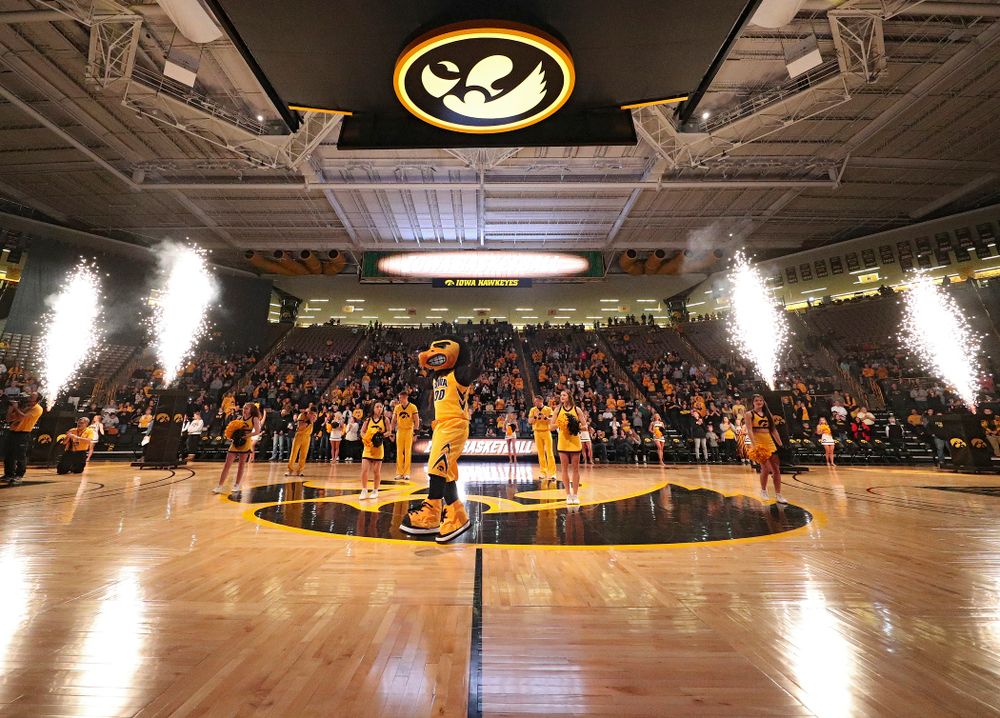 Herky at center court before the game at Carver-Hawkeye Arena in Iowa City on Thursday, January 23, 2020. (Stephen Mally/hawkeyesports.com)