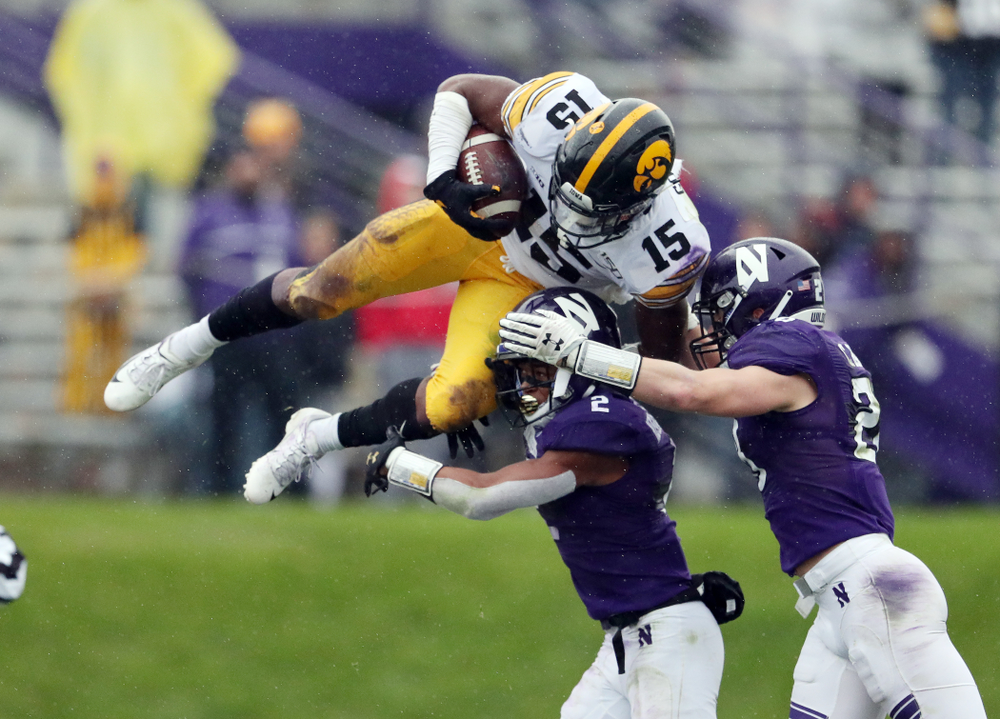 Iowa Hawkeyes running back Tyler Goodson (15) against the Northwestern Wildcats Saturday, October 26, 2019 at Ryan Field in Evanston, Ill. (Brian Ray/hawkeyesports.com)